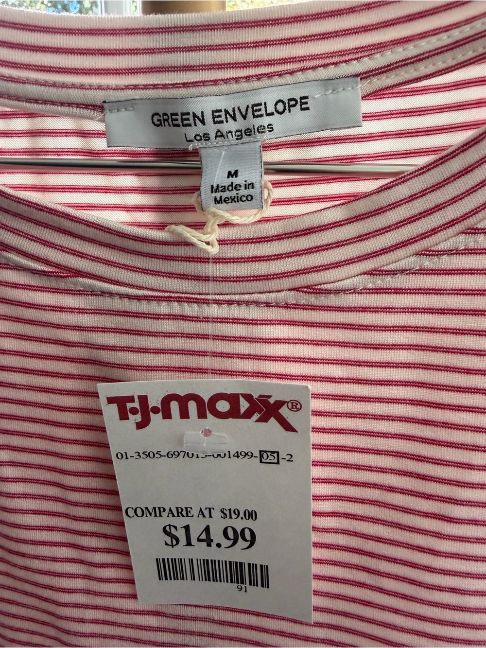 Green Envelope Pink and White Striped Short Sleeve Tee